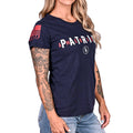Right Side View of the Women's American Patriot Relaxed Fit Tshirt in Navy